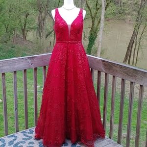Intrigue by blush red Formal Long Dress with Floral Sequins Detail
